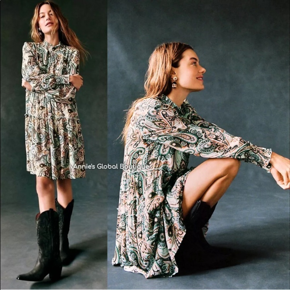 NWT Anthropologie Cady Tiered Tunic Dress M green